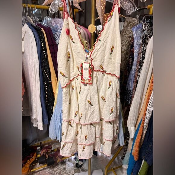 Farm Rio x Anthropologie Sleeveless Embroidered Linen Tiered Mini Dress